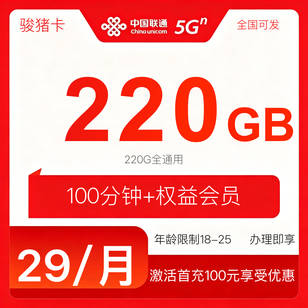 联通骏猪卡（29元100分钟+220G+会员）